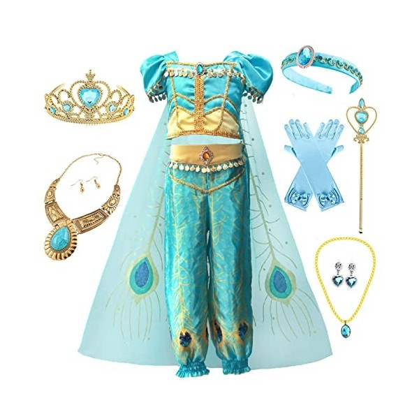 Emin Fille Costume de Princesse Jasmine avec Accessoires Déguisement de Princesse Aladdin Costume Anniversaire Fête Noël Hall