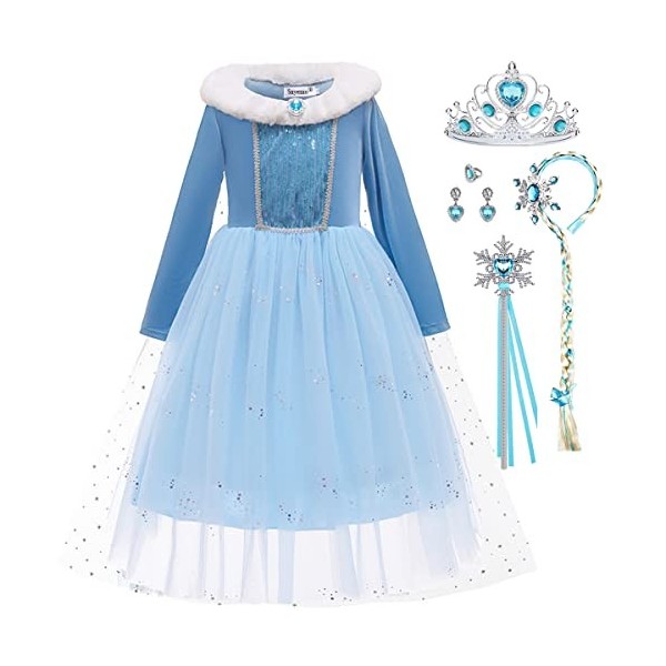 Snyemio Princesse Robe Reine des Neiges Costume Elsa Déguisement pour Filles Enfant Halloween Noël Carnaval Bleu, 5-6 Ans