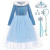 Snyemio Princesse Robe Reine des Neiges Costume Elsa Déguisement pour Filles Enfant Halloween Noël Carnaval Bleu, 5-6 Ans