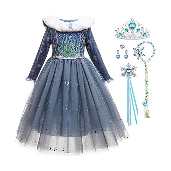 Snyemio Princesse Robe Reine des Neiges Costume Elsa Déguisement pour Filles Enfant Halloween Noël Carnaval Bleu, 5-6 Ans