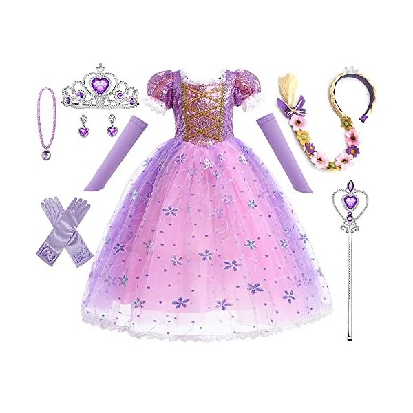 HEYOUTH Deguisement Robe Princesse,Bébé Fille Raiponce Robe,avec 7 Accessoires,Tulle Maxi Costume Carnaval Fille, Déguisement