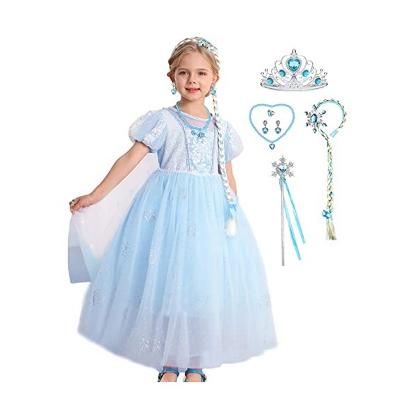 LiUiMiY Déguisement Elsa Costume Filles Princesse Reine des Neiges Robe Bleu avec Accessoires pour Noël Anniversaire Carnaval