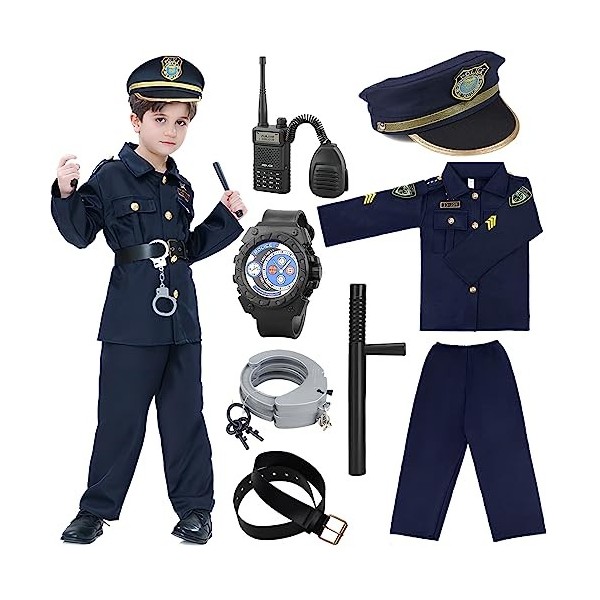 Cnexmin DéGuisement de Policier Enfant Costume De Police Avec Accessoires Chemise,Pantalon,Chapeau,Ceinture,Pistolets et éTui