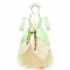 IDOPIP Deguisement Robe Princesse Tiana Enfant Fille, Filles Déguisement Princess and the Frog avec Pochette + Bandeau pour A