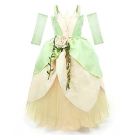 IDOPIP Deguisement Robe Princesse Tiana Enfant Fille, Filles Déguisement Princess and the Frog avec Pochette + Bandeau pour A