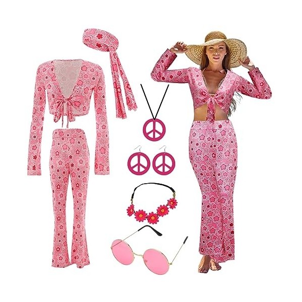 Gohytal Costume Hippie Femme, Vêtements Fleur Femme, 5 pièces 60s 70s Accessoires Costume Hippie pour Carnaval, Tenue de Fe