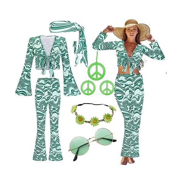 Gohytal Costume Hippie Femme, Vêtements Fleur Femme, 5 pièces 60s 70s Accessoires Costume Hippie pour Carnaval, Tenue de Fe