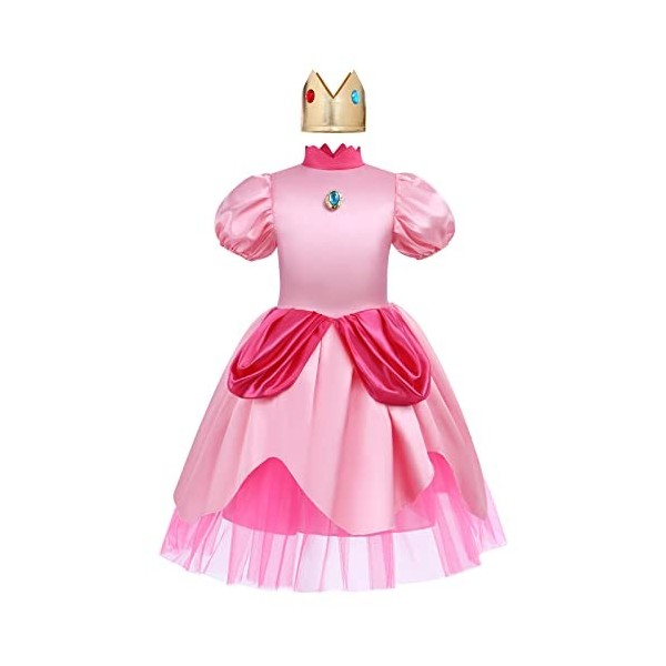 IDOPIP Déguisement Princesse Pêche Enfant Fille Robe Mario Princess Peach Rose pour Halloween Carnaval Noël Cosplay Anniversa