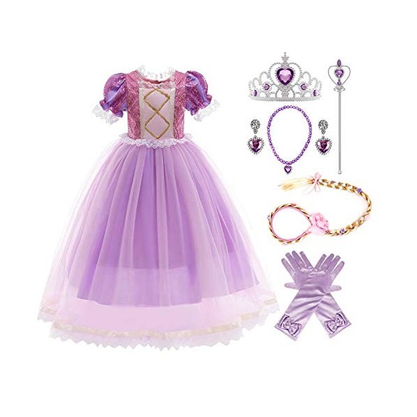 Kosplay Fille Robe de Princesse Raiponce Costume Manches Courtes Bouffante Robe en Tulle Sofia Fête Déguisements Doux Cosplay