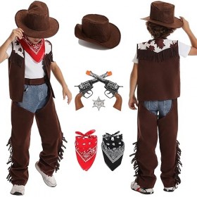 Miulruma Costume de cowboy pour enfant Deluxe Set daccessoires de cowboy western avec gilet de cowboy, chapeau, foulard, jou