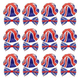 Ensemble daccessoires Union Jack – Lot de 12 – Chapeau melon Union Jack en plastique + nœud papillon Union Jack – Ensemble d