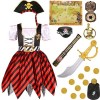 G051L Costume de pirate pour enfant fille 10 pièces de luxe Accessoires de pirate Chapeau cache-yeux Moustache Costume de pir