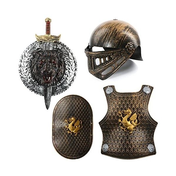 Costume darmure pour enfant – Casque de chevalier en bronze, plastron, bouclier en bronze et épée et bouclier argentés – Dég