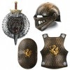 Costume darmure pour enfant – Casque de chevalier en bronze, plastron, bouclier en bronze et épée et bouclier argentés – Dég