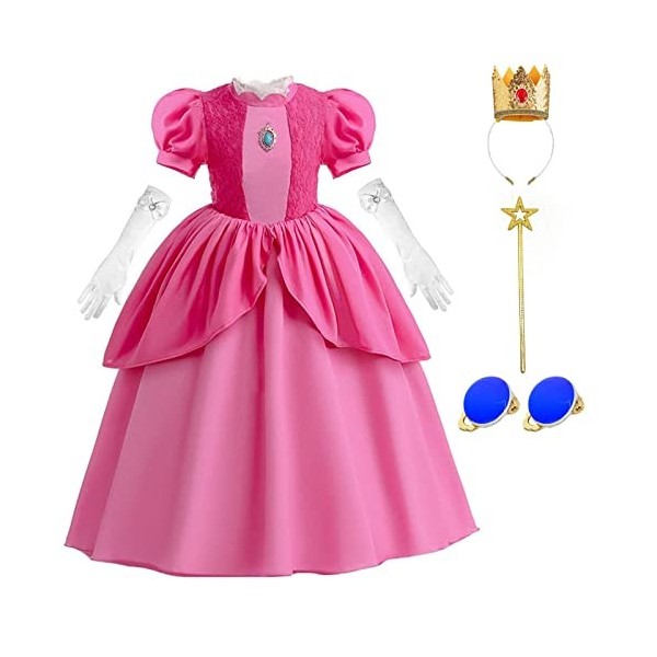 XUEQINGDE Robe de princesse Peach Princesse Cosplay Costume Fille Robe Halloween Carnaval, Robe de fête danniversaire Acces