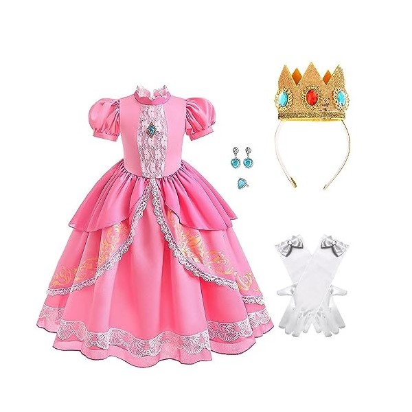 FUYERLI Costume de cosplay princesse pêche pour filles, robe princesse pêche super frères, déguisement dHalloween pour enfan