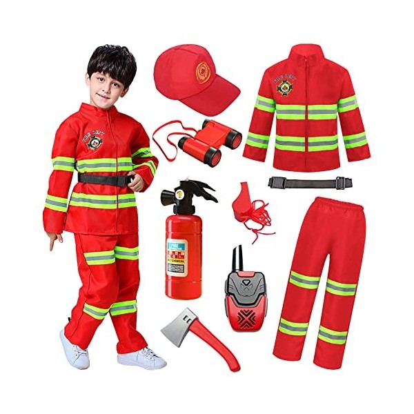 Pompier Deguisement Enfant Pompier Ensemble de Costume avec Pompier Jouet Extincteur Jouet Pompier Accessoires pour Carnaval 