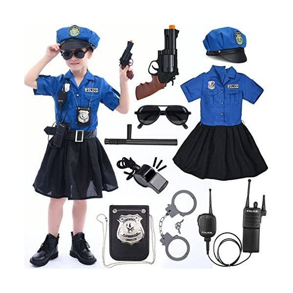 Deguisement Policier Enfant Costume Policier avec Accessoires Police Chemise Jupe Ceinturon Casquette Police Lunettes Walkie 