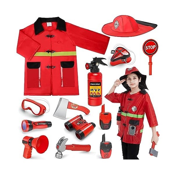 Deguisement Pompier Enfants Costume de Pompier Chef des Pompiers Costume avec 11 Pompier Jouet Halloween Carnaval Cosplay Jeu