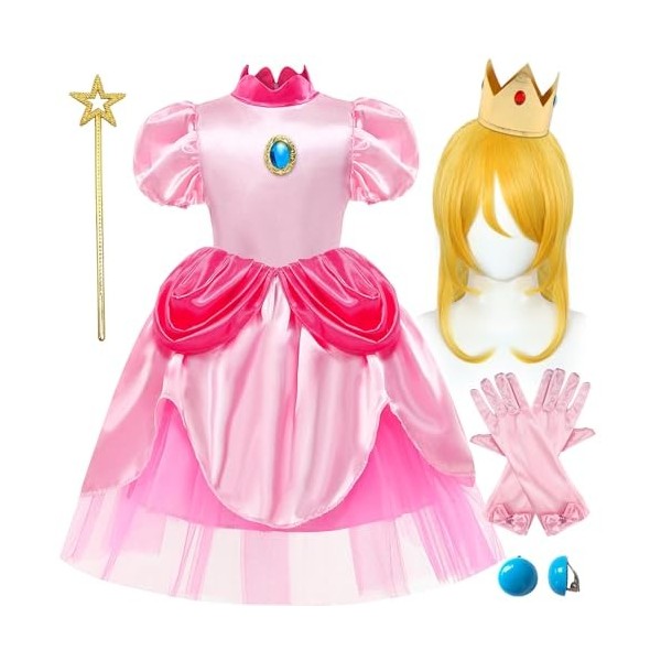 Tacobear Princesse Peach Déguisement pour Enfant Filles Peach Cosplay Costume Set Perruque Couronne Gants Accessoire Peach Ro