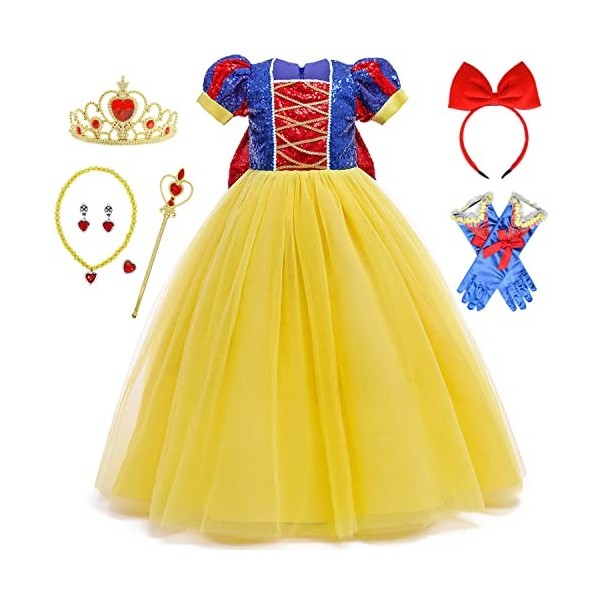 Windskids Blanche Neige Déguisement et Accessoires Fille Snow White Robe de Princesse Costume Cosplay Noël Carnaval Halloween