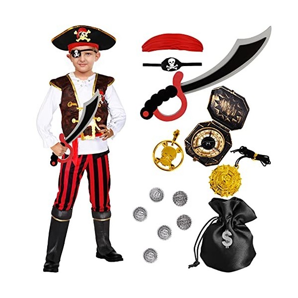 Tacobear Costume Pirate Enfant Deguisement Pirate Garçon avec Pirate Accessoires Chapeau Compass Bandana Carnaval Halloween C