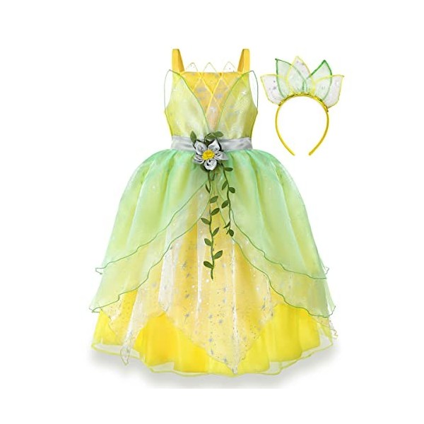 IBTOM CASTLE Costume Prinecss Tiana pour filles, robe Tiana pour enfants Cosplay Party Carnaval Fancy Dress Up Costume de la 