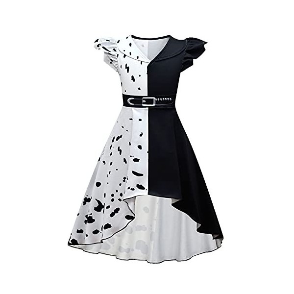 IMEKIS Costume de Cruella pour fille - Mauvaise reine dalmatien robe noire et blanche avec gants, perruque porte-cigarettes, 