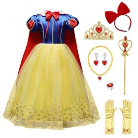 FYMNSI Princesse Blanche-Neige Costume Enfant Fille Robe avec Cape Accessoires Carnaval Anniversaire Fête Enfant Snow White M