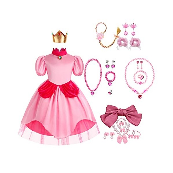 MRLTOP Filles Princesse Peach Dress Up Set Peach Enfants Costume Déguisement Princesse avec Couronne et Accessoires pour Hall