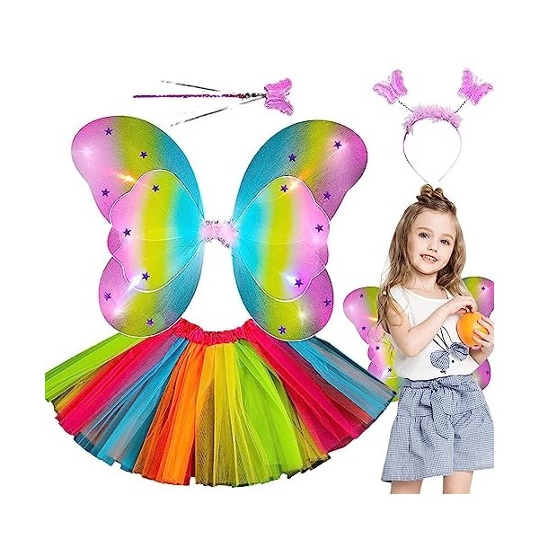 GIMOCOOL Tenues de fées pour Filles - Costumes de fées pour avec lumières - Dress Up Ailes de Fée pour Petites Filles Déguise