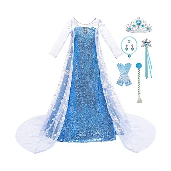 Tyidalin Déguisement Reine des Neiges Elsa Robe Princesse Fille Costume Bleu Enfant Carnaval Halloween Cosplay Anniversaire F