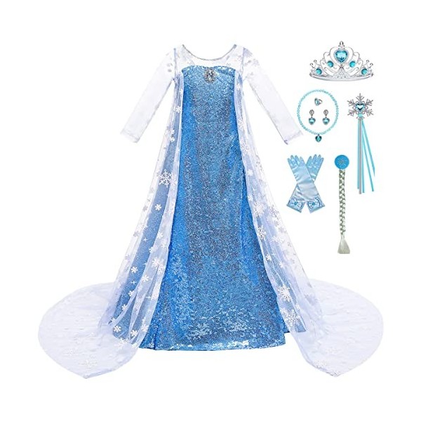 Costume Reine Des Neiges Elsa - Robe + Couronne + Baguette + Accessoires - Taille 4-8 Ans