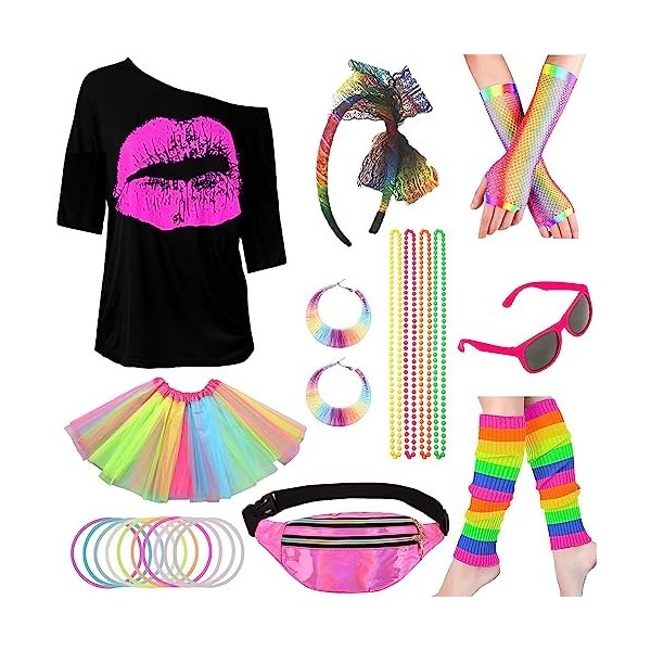 Déguisement Année 80 Accessoire Femme 80s Disco Costume Vetement Fête Tutu Fluo T-Shirt Bandeau Lunettes Collier Gants Sac Ba