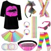 Déguisement Année 80 Accessoire Femme 80s Disco Costume Vetement Fête Tutu Fluo T-Shirt Bandeau Lunettes Collier Gants Sac Ba