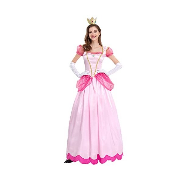 IDOPIP Robe Super Mario Princess Peach pour Femme, Déguisement Princesse Pêche Adulte avec Couronne pour Cosplay de Carnaval 