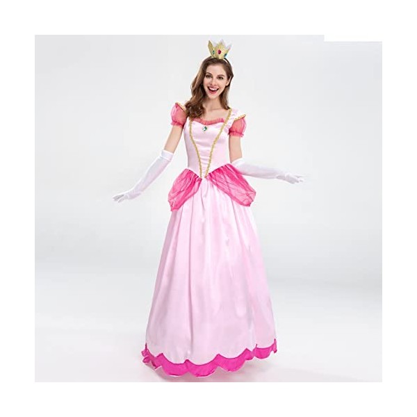 IDOPIP Robe Super Mario Princess Peach pour Femme, Déguisement Princesse Pêche Adulte avec Couronne pour Cosplay de Carnaval 