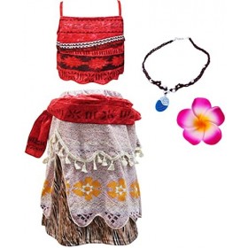 Deleventh Moana Princesse Deguisement Costume et Perruque Collier Accessoires Fille Cosplay Enfant Jeu daventure Vaiana Top 