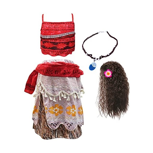 Deleventh Moana Princesse Deguisement Costume et Perruque Collier Accessoires Fille Cosplay Enfant Jeu daventure Vaiana Top 