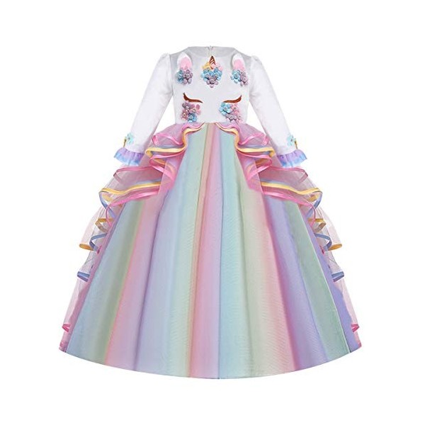 MYRISAM Princesse Fille Licorne Déguisement Manches Longues Robe de Anniversaire Cérémonie Soirée Halloween Carnaval Noël Fêt