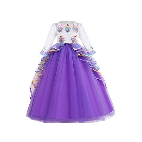 MYRISAM Princesse Fille Licorne Déguisement Manches Longues Robe de Anniversaire Cérémonie Soirée Halloween Carnaval Noël Fêt