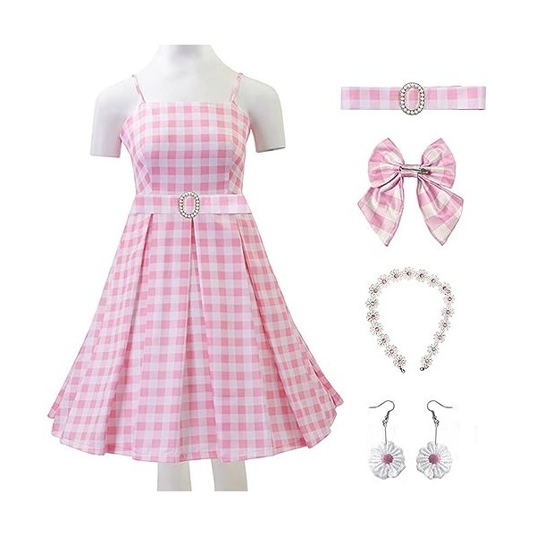 Foanja Déguisement Barbies Femme Fille Cosplay Movie Barbies Rose Robe en Georgette et Accessoires Collier Boucles doreilles