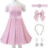 Foanja Déguisement Barbies Femme Fille Cosplay Movie Barbies Rose Robe en Georgette et Accessoires Collier Boucles doreilles