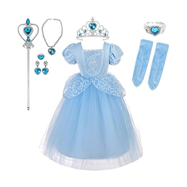 Lito Angels Deguisement Robe Costume Princesse Cendrillon avec Gant et Accessoires pour Enfant Fille Taille 6-7 ans, Bleu