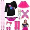 Kit Déguisement Année 80 Accessoire Femme, T-Shirt, Tutu, Sac Banane, Bandeau, Boucle dOreille, Collier, Gants Résille, Vête