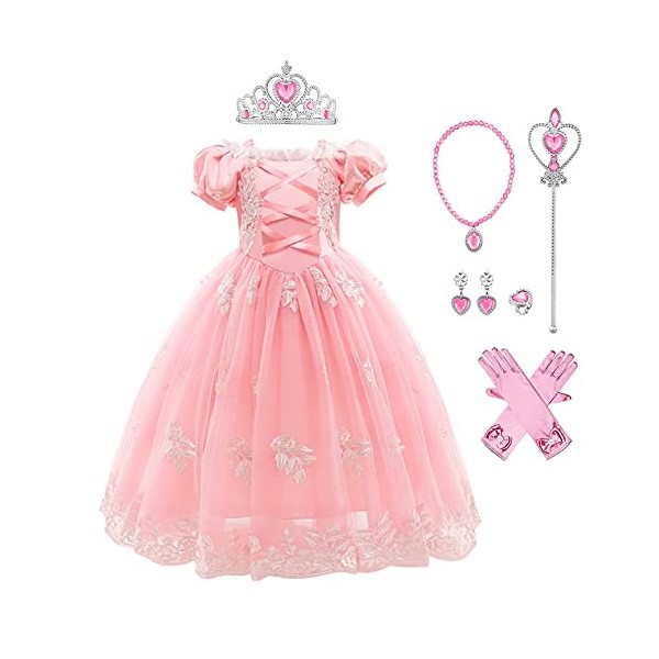 FYMNSI Costume de princesse pour fille - Maxi robe en tulle pour Halloween, Noël, carnaval, cosplay, Rose clair + accessoires