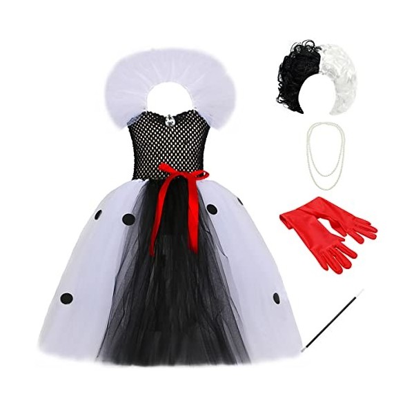 IDOPIP Déguisement Cruella Deville Enfant Fille 101 Dalmatiens Tutu Robe en Tulle avec Accessoires pour Halloween Cosplay Fêt