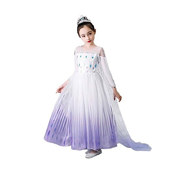 IWEMEK Robe de princesse Elsa 2 pour fille - Costume de Reine des Neiges - Flocon de neige en tulle - Accessoires pour cospla