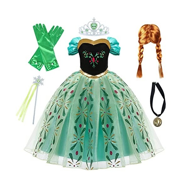 Kosplay Fille Robe de Princesse Anna Déguisement Reine des Neige Costume avec Perruque Accessoires Anniversaire Fête Hallowee