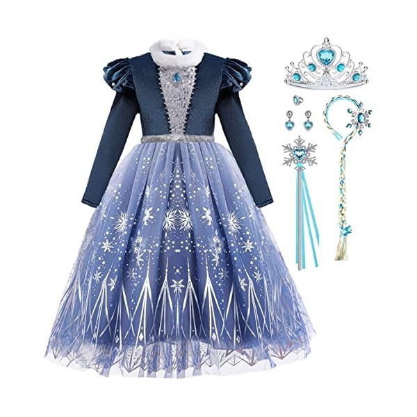 LiUiMiY Déguisement Elsa Costume Robe Reine Princesse Fille Manche Longue Tulle pour Anniversaire Canarval Noël avec Accessoi